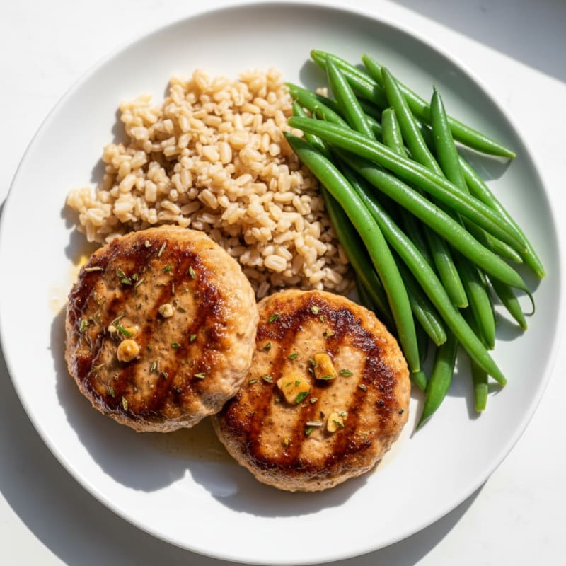 Seared Turkey Patties with Steamed Green Beans and Brown Rice