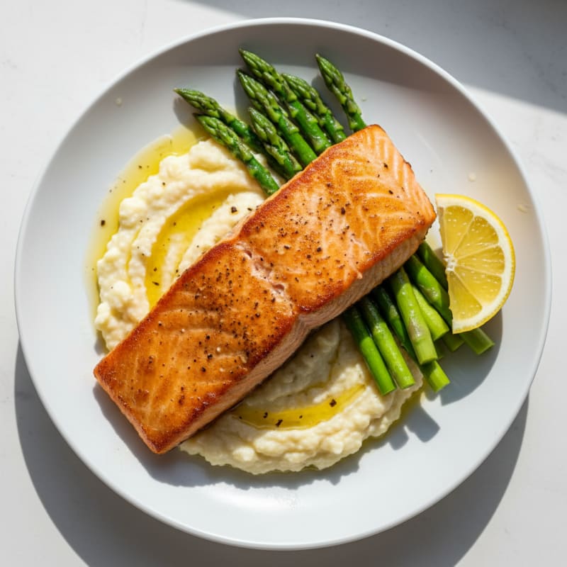 Seared Salmon with Steamed Asparagus and Cauliflower Mash