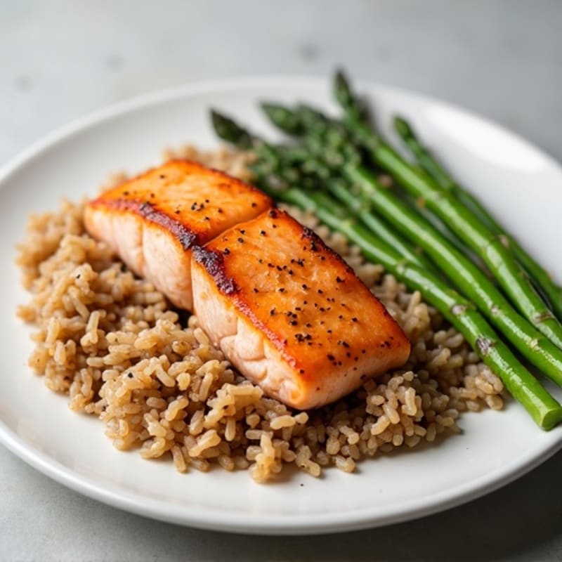 Seared Salmon with Steamed Asparagus and Brown Rice