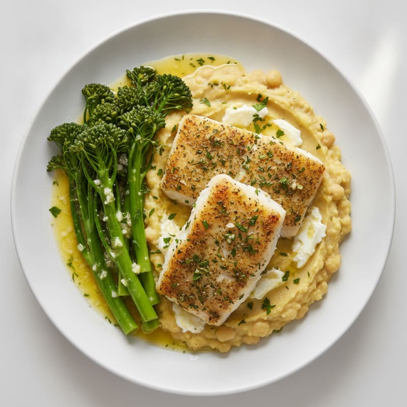 Herb-Baked Cod with Steamed Broccolini and Lemon Chickpea Mash