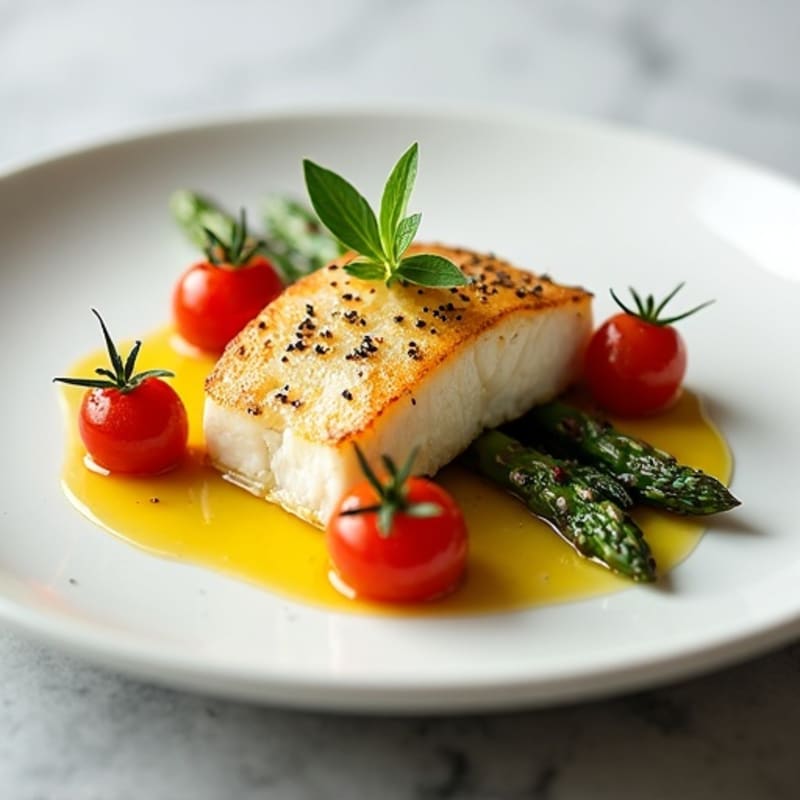 Seared Cod with Roasted Asparagus and Cherry Tomatoes