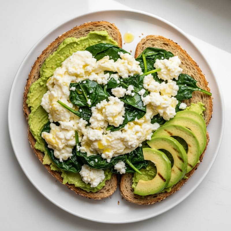 Scrambled Eggs with Cottage Cheese and Sautéed Spinach