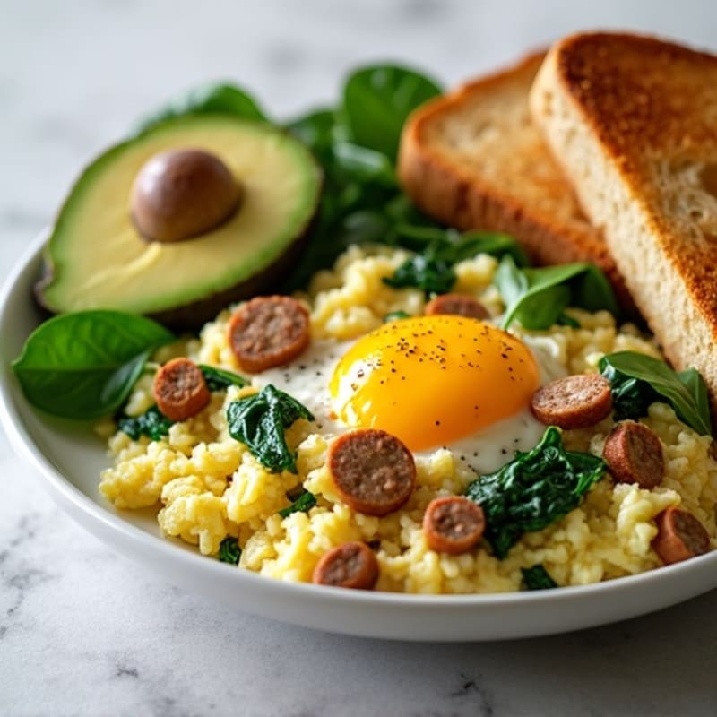 Egg White and Turkey Sausage Scramble with Sautéed Spinach, Toast, and Avocado