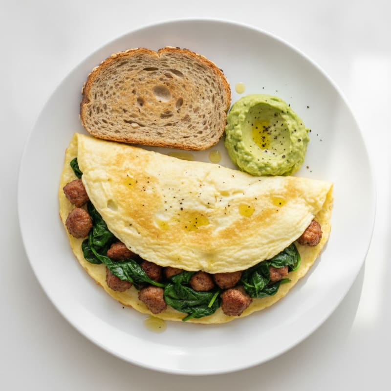 Egg White Omelet with Turkey Sausage and Sautéed Spinach
