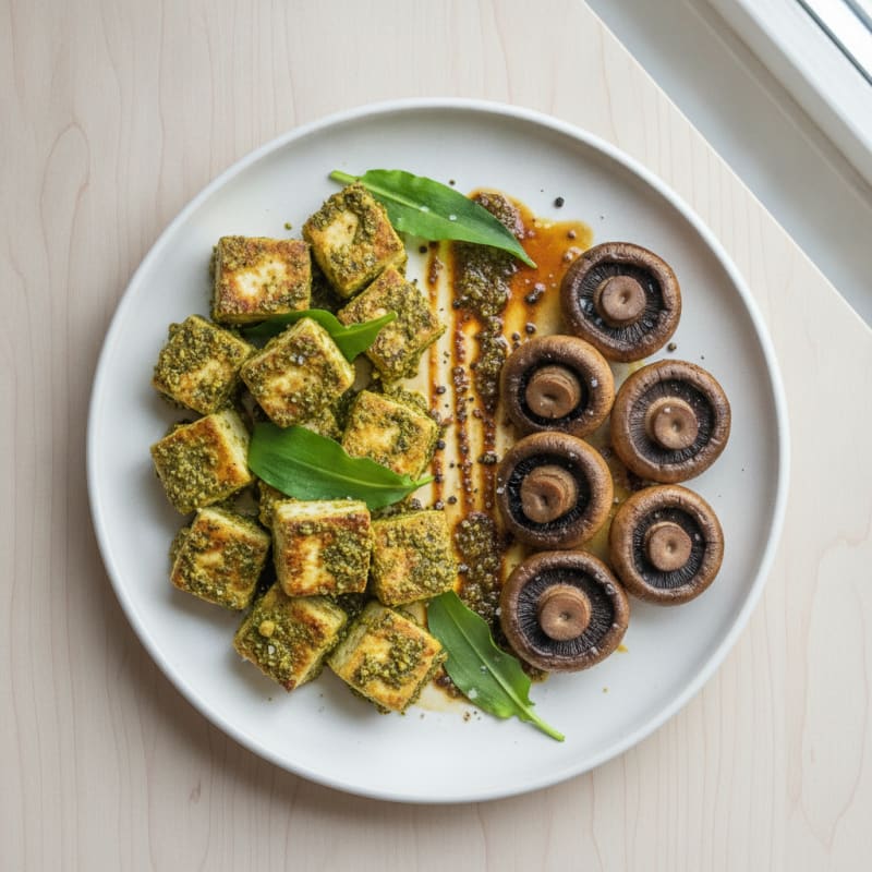 Wild Garlic Tofu with Roasted Mushrooms