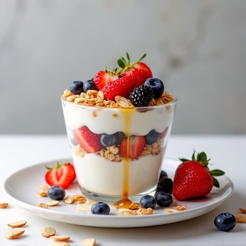 Greek Yogurt Parfait with Mixed Berries and Sliced Almonds