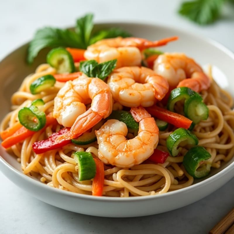 Shrimp with Creamy Peanut Lime Noodles and Crunchy Vegetables