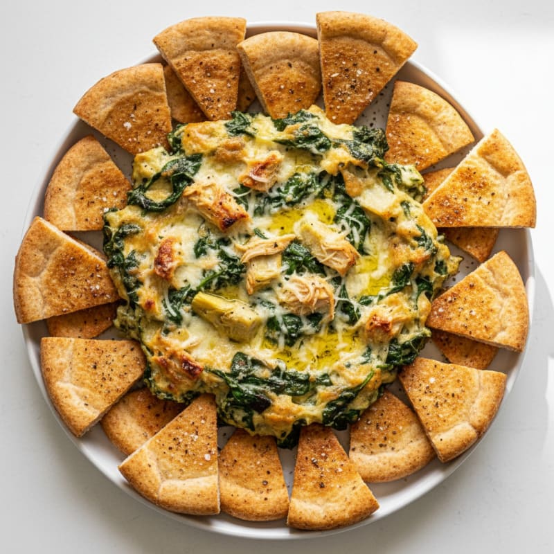 Baked Spinach Artichoke Dip with Toasted Pita