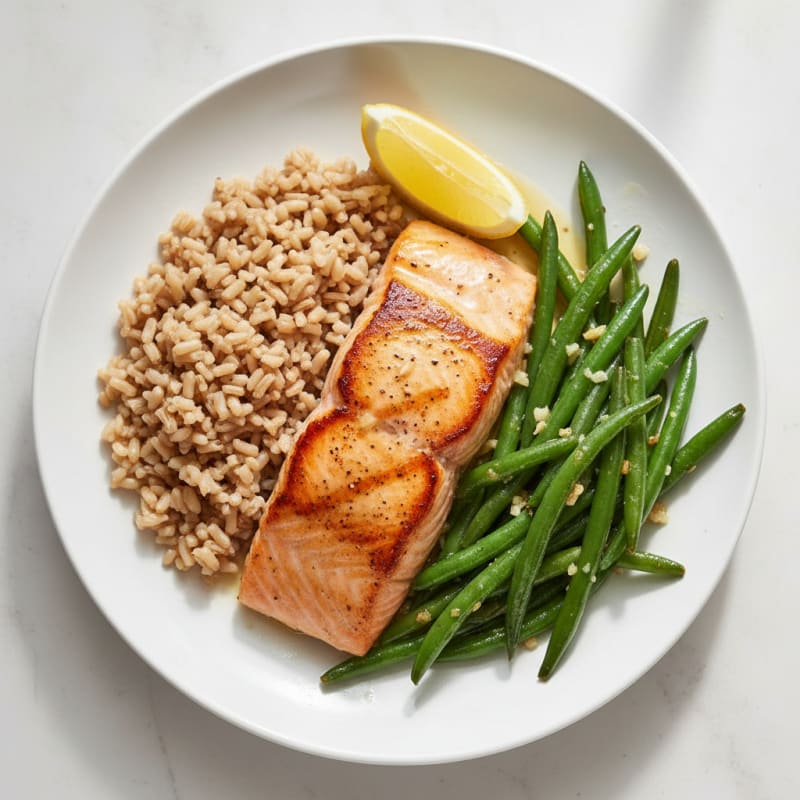 Seared Salmon Fillet with Garlic Green Beans and Brown Rice