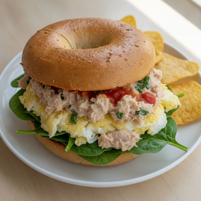 Egg White Bagel Sandwich with Tuna Salad and Spinach