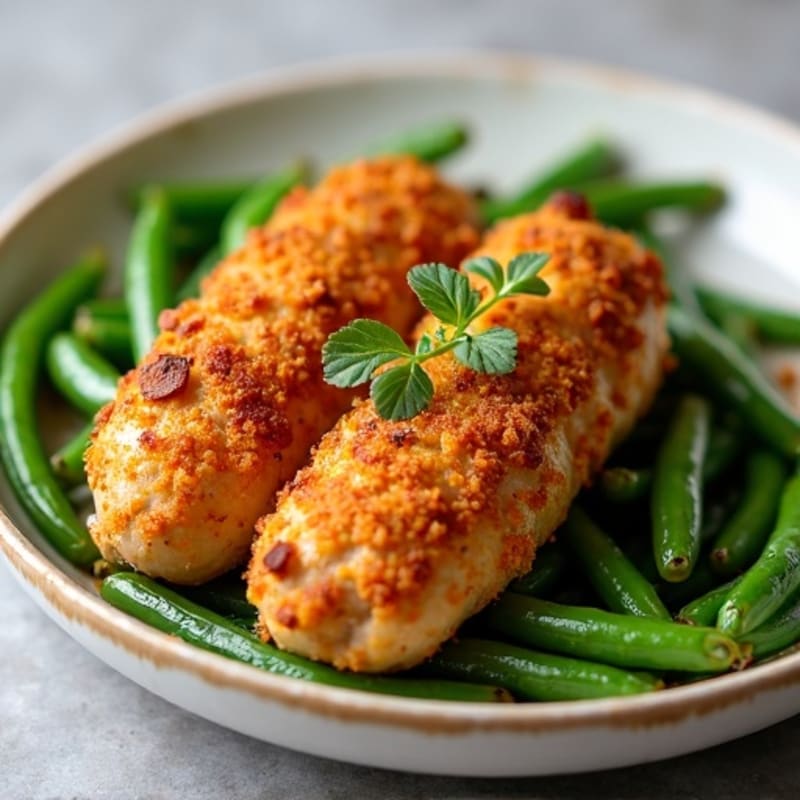 Crispy Baked Cornmeal-Crusted Chicken Sausage with Roasted Green Beans