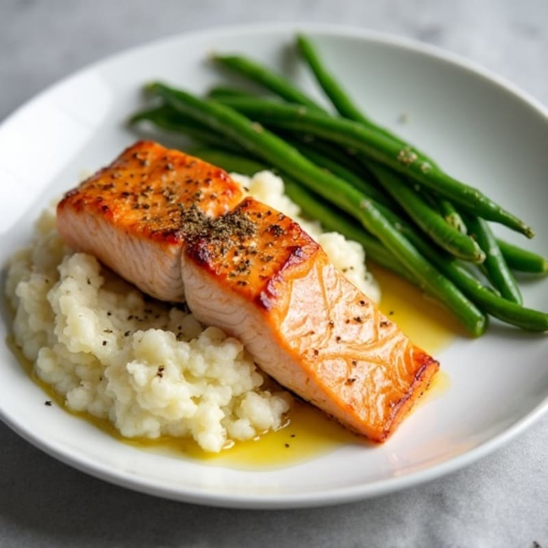 Seared Salmon with Steamed Green Beans and Cauliflower Mash
