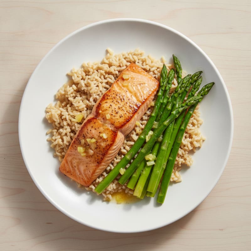 Seared Salmon with Steamed Asparagus and Brown Rice