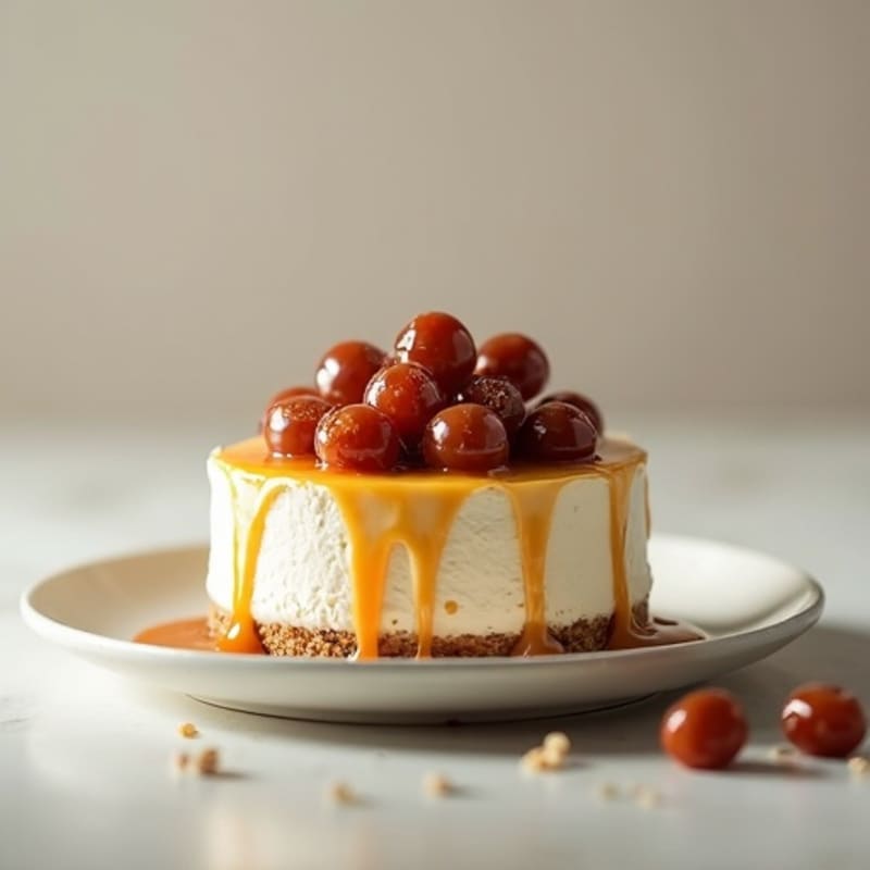 Greek Yogurt Vanilla Bean Cheesecake with Date Caramel Drizzle