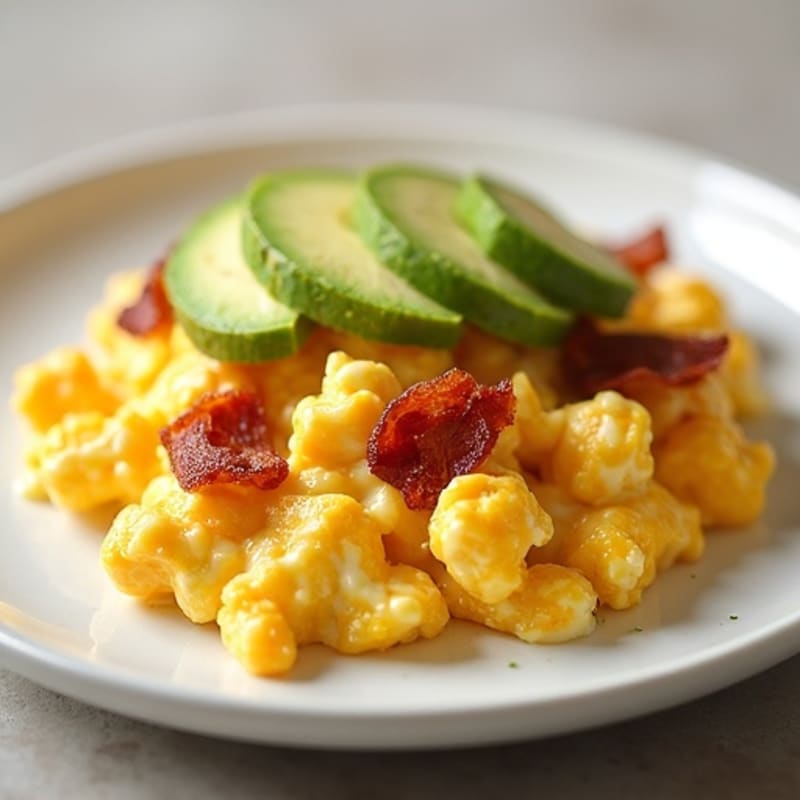 Bacon and Cheese Egg Scramble with Avocado