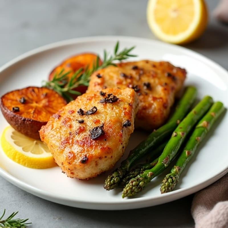 Crispy Lemon Herb Chicken Thighs with Roasted Asparagus and Sweet Potato