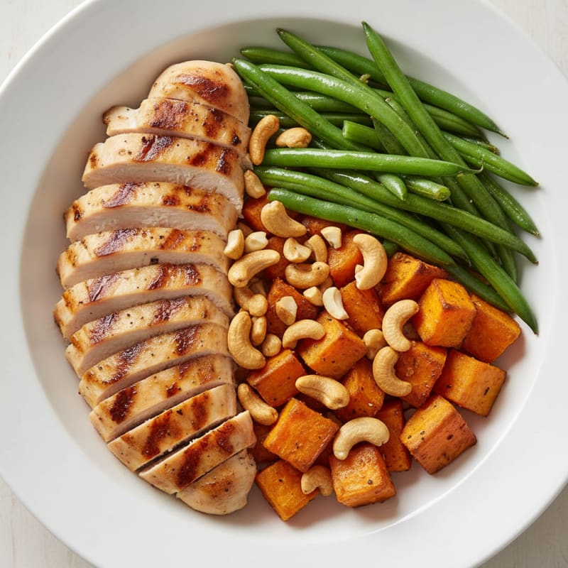 Grilled Chicken and Sweet Potato Bowl with Steamed Green Beans