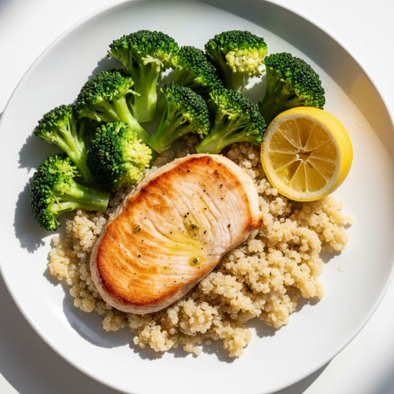 Seared Turkey Breast with Steamed Broccoli and Quinoa