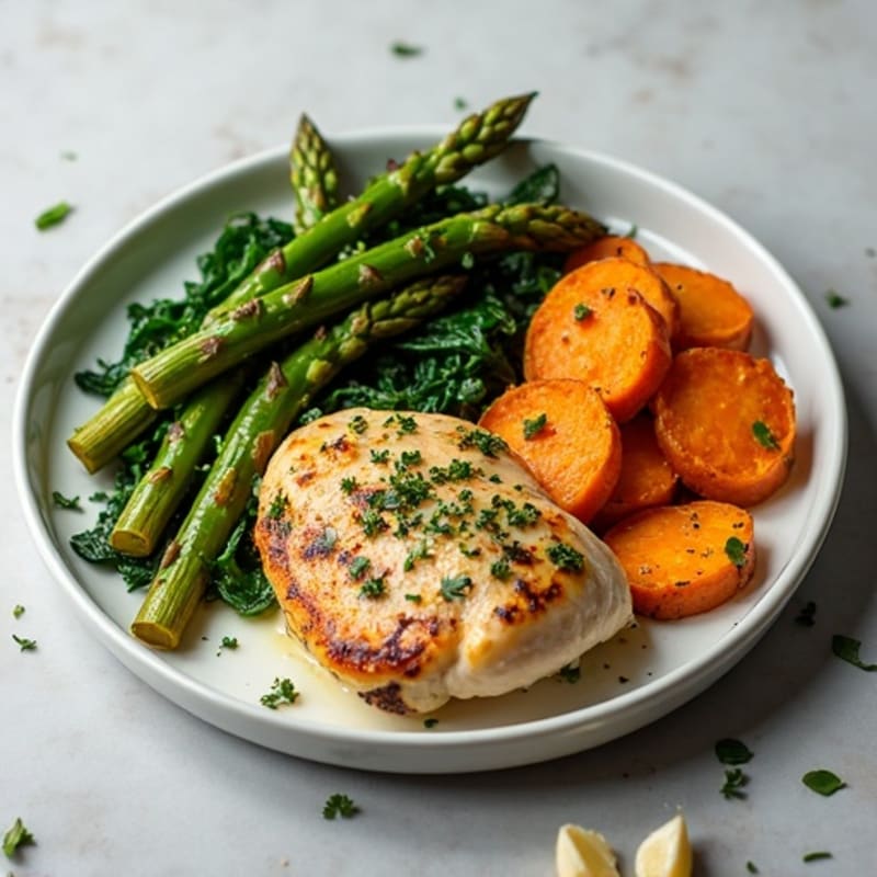 Herb-Roasted Chicken Breast with Roasted Asparagus, Sweet Potatoes, and Sautéed Spinach