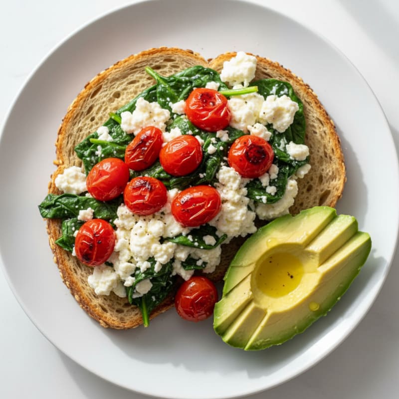 Cottage Cheese Egg White Scramble with Spinach and Cherry Tomatoes