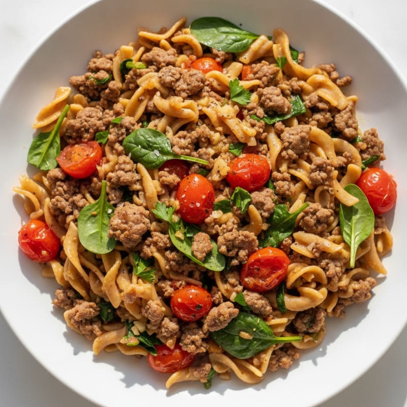 Hamburger Garlic Tomato Noodle Bowl