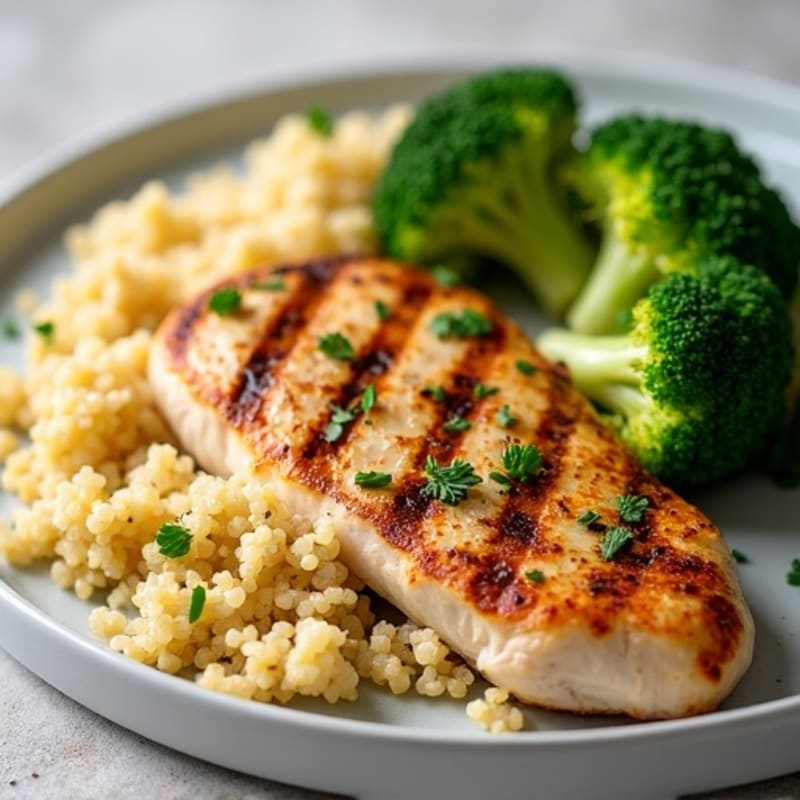 Grilled Lemon Garlic Chicken Breast with Quinoa and Steamed Broccoli