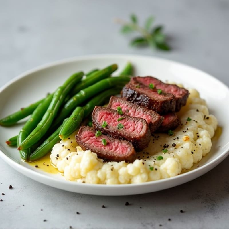 Seared Lean Beef Strips with Steamed Green Beans and Cauliflower Mash