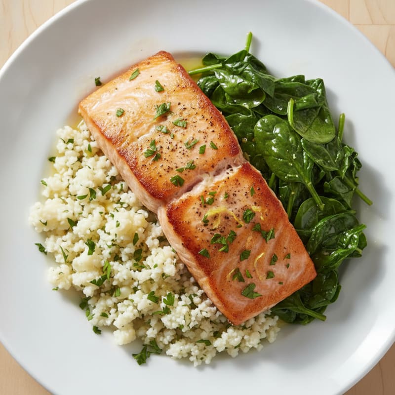 Seared Salmon Fillet with Herbed Cauliflower Rice and Sautéed Spinach