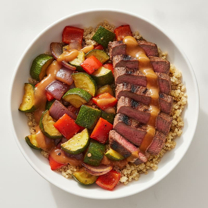 Grilled Steak and Roasted Vegetable Bowl with Quinoa