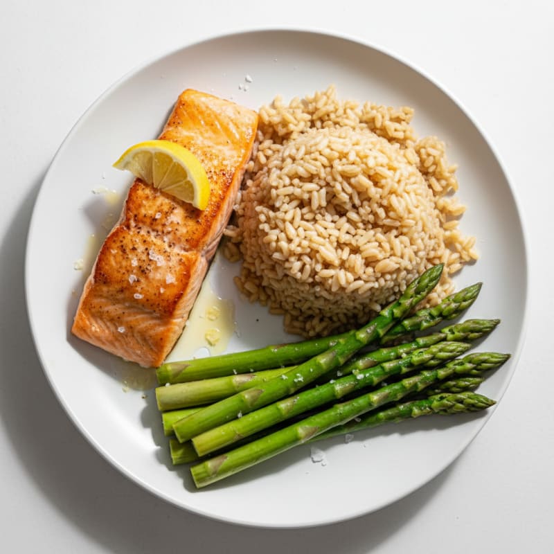 Seared Salmon with Steamed Asparagus and Brown Rice