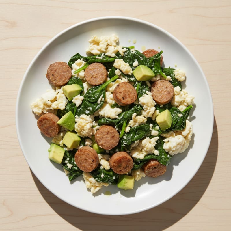 Egg White and Turkey Sausage Scramble with Sautéed Spinach