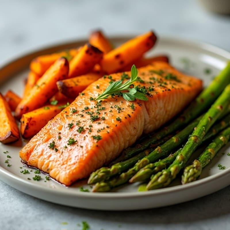 Garlic-Herb Roasted Salmon with Crispy Sweet Potato Fries and Asparagus