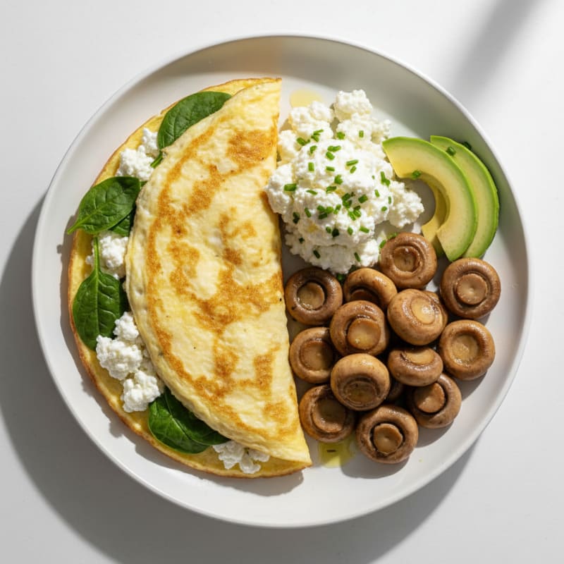 Egg White Spinach Omelette with Cottage Cheese and Sautéed Mushrooms