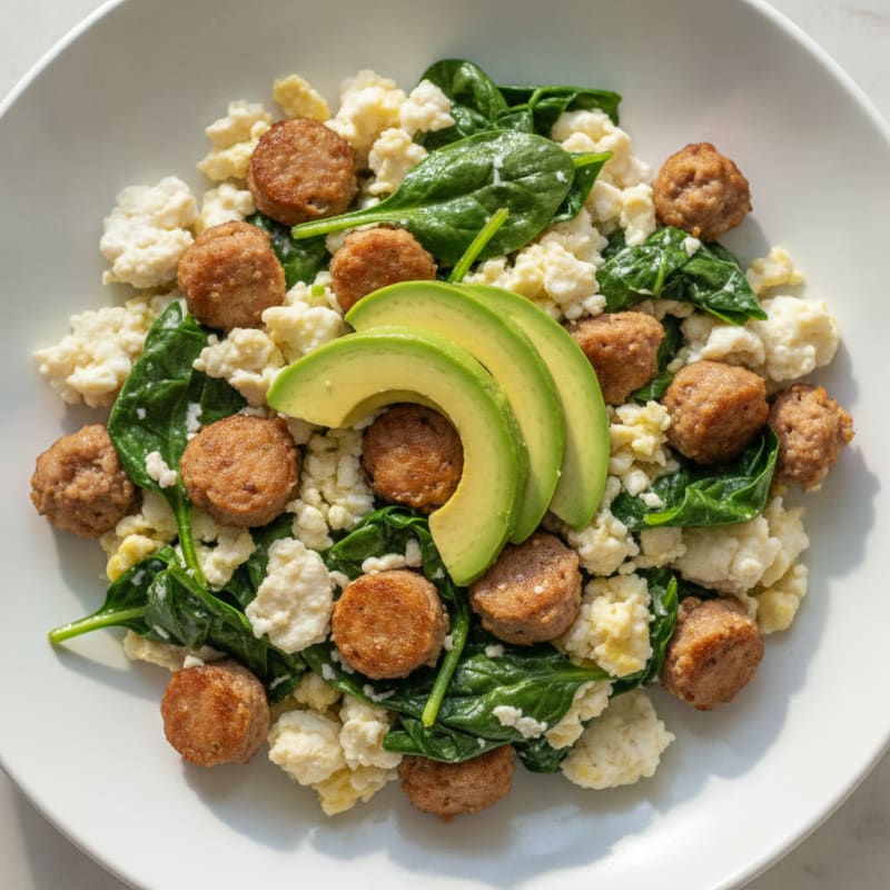 Egg White Scramble with Turkey Sausage and Sautéed Spinach