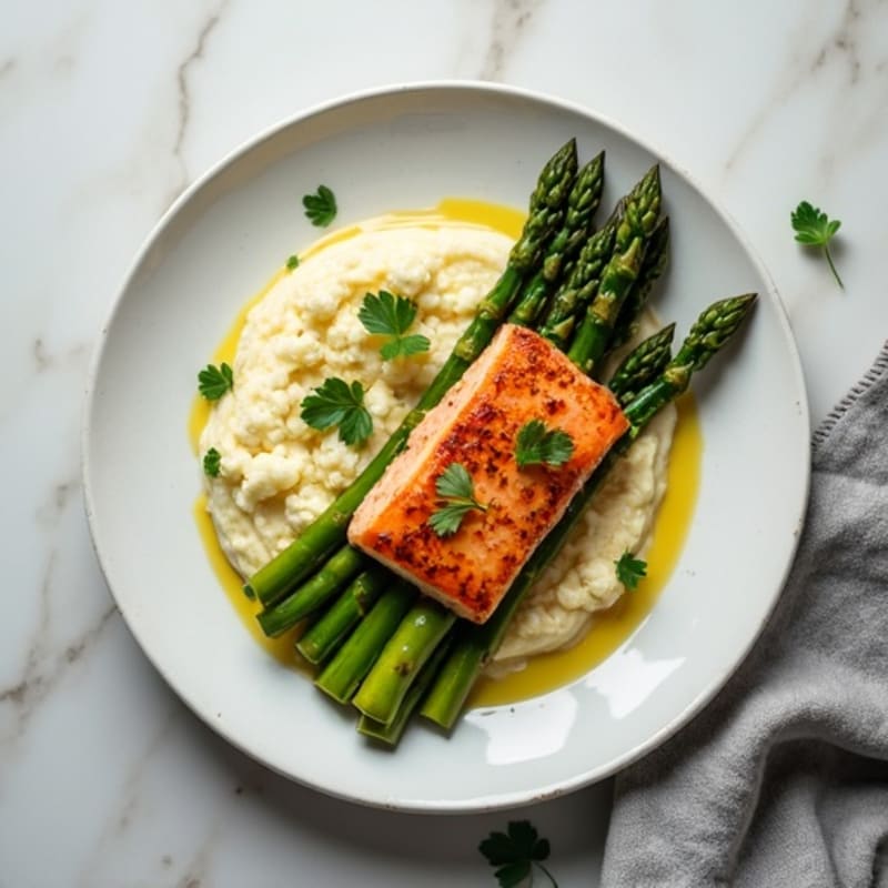 Seared Salmon Fillet with Roasted Asparagus and Cauliflower Mash
