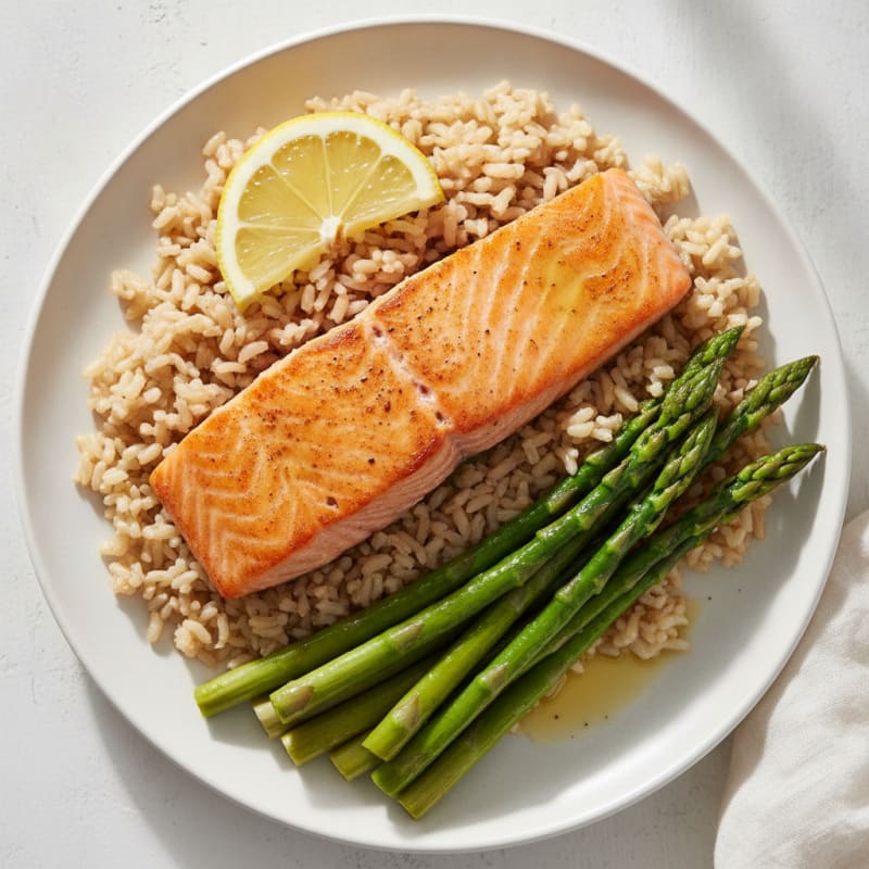 Seared Salmon with Steamed Asparagus and Brown Rice