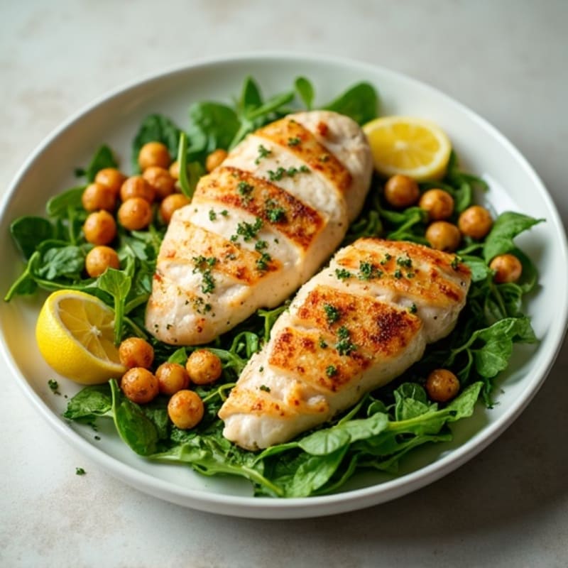 Lemon Herb Chicken with Fresh Greens and Crispy Roasted Chickpeas