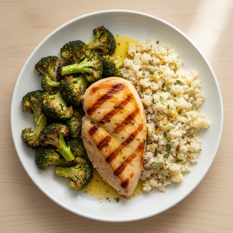 Grilled Chicken Breast with Roasted Broccoli and Cauliflower Rice