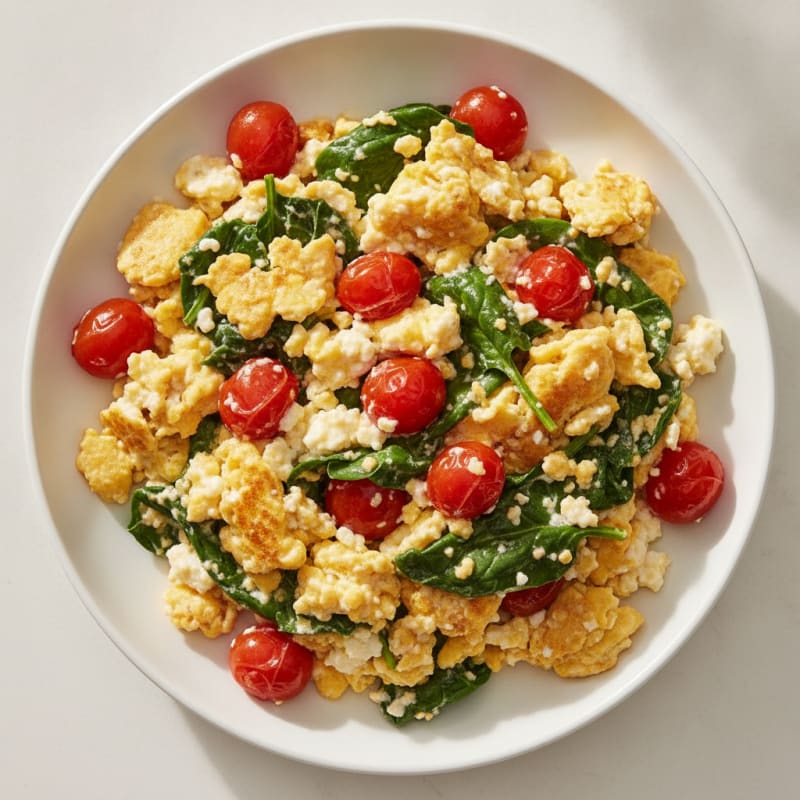 Cottage Cheese and Egg Scramble with Spinach and Cherry Tomatoes