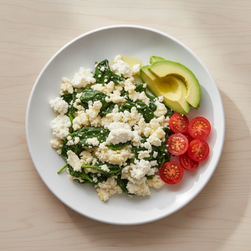 Egg White and Spinach Scramble with Cottage Cheese and Cherry Tomatoes