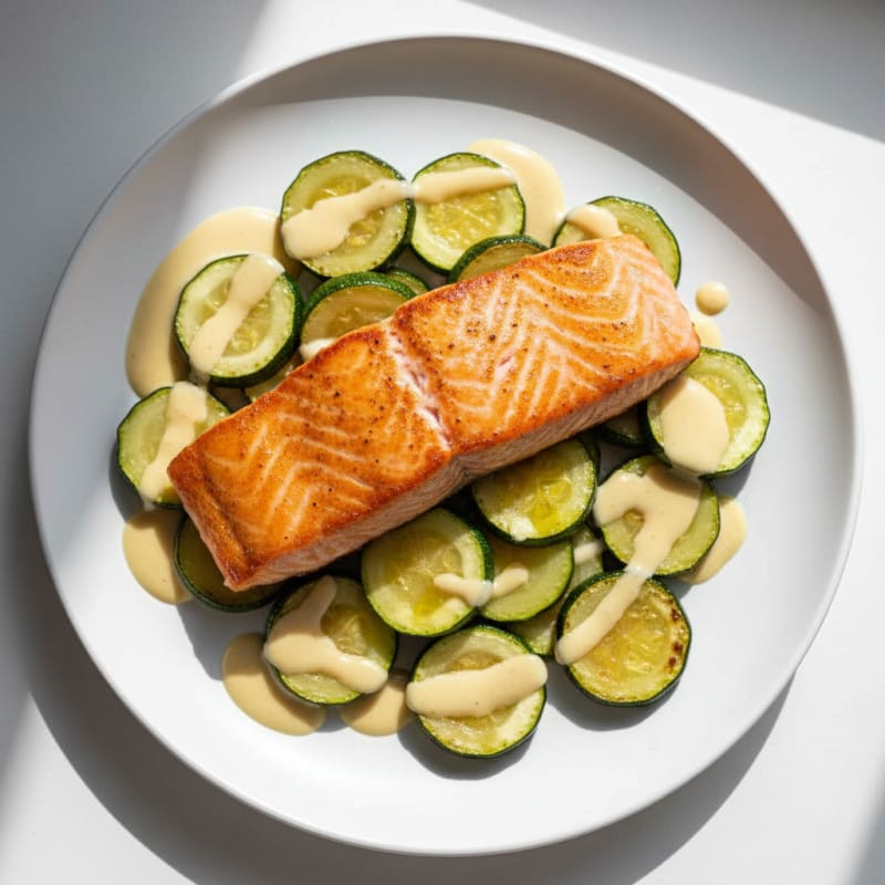 Seared Salmon with Roasted Zucchini and Lemon Tahini Drizzle