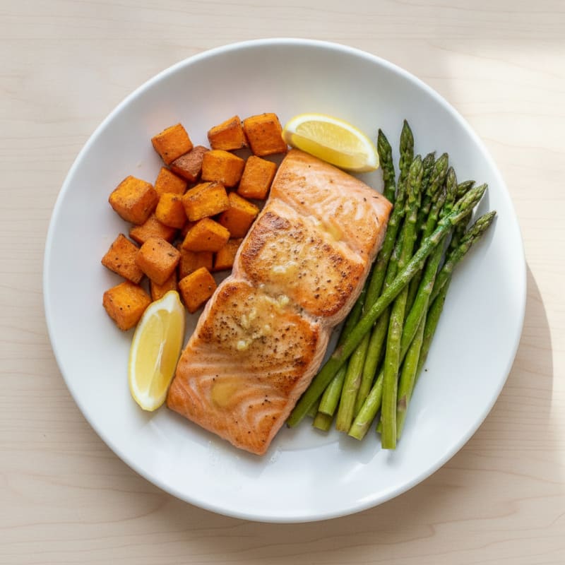 Seared Salmon with Roasted Sweet Potatoes and Asparagus