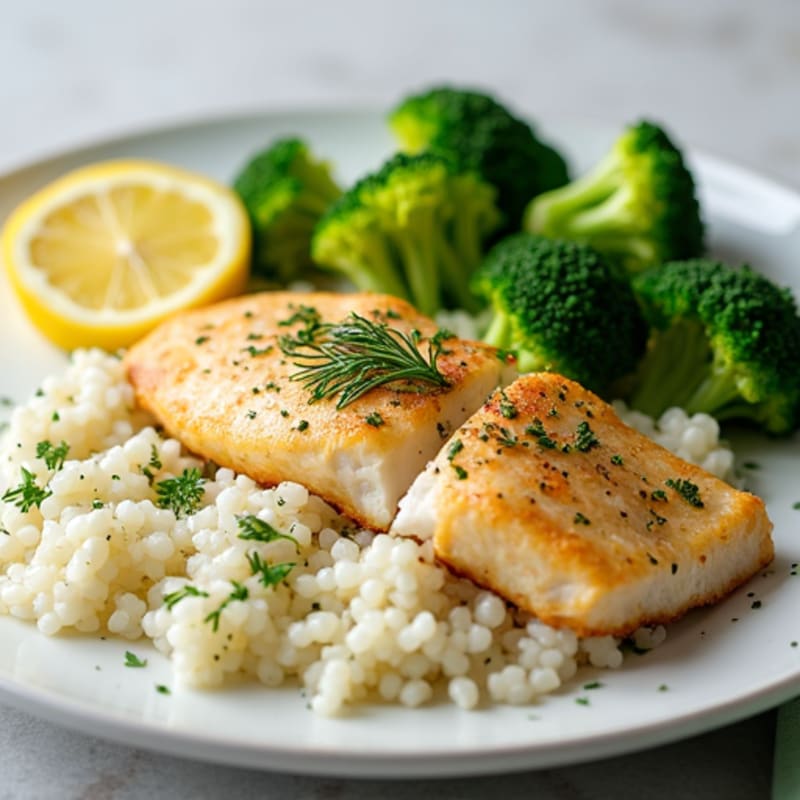 Baked Fish with Herb Rice and Steamed Broccoli