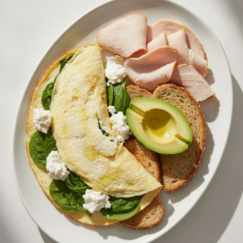 Egg White Spinach Omelet with Cottage Cheese and Sliced Turkey