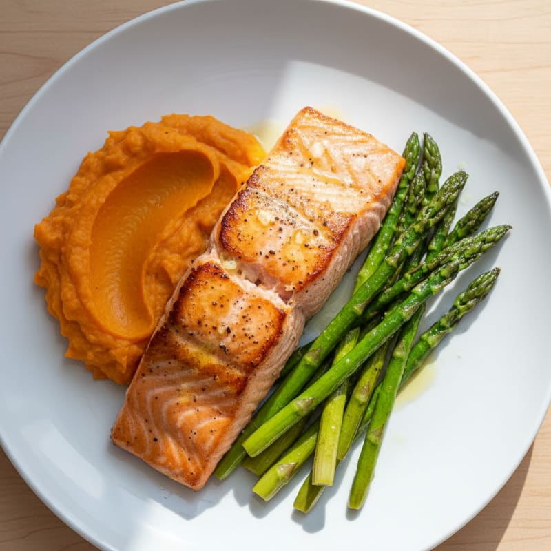 Seared Salmon with Roasted Asparagus and Sweet Potato Mash