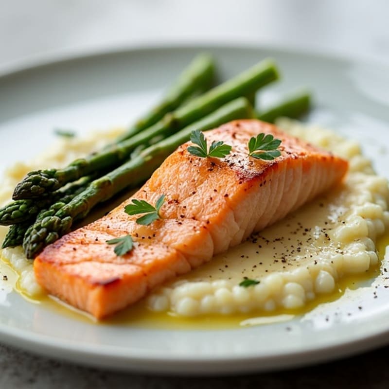 Seared Salmon Fillet with Asparagus and Cauliflower Mash