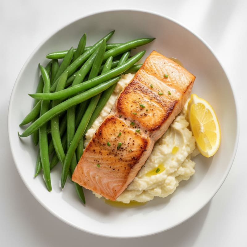 Seared Salmon with Steamed Green Beans and Garlic Mashed Cauliflower