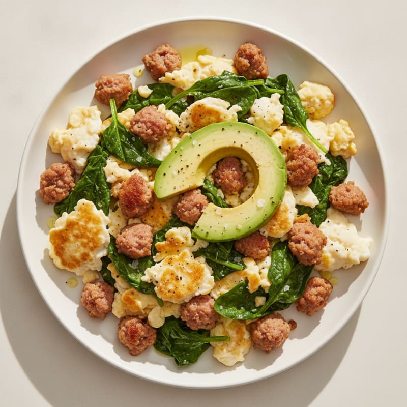 Scrambled Egg Whites with Turkey Sausage and Sautéed Spinach