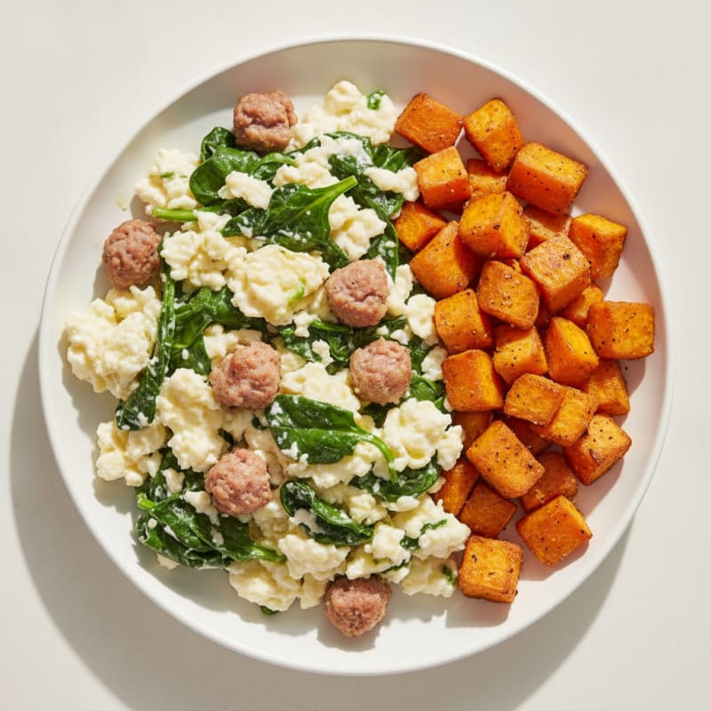 Egg White Spinach Scramble with Turkey Sausage and Roasted Sweet Potato