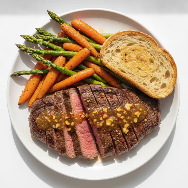 Spicy Steak with Roasted Asparagus and Carrots